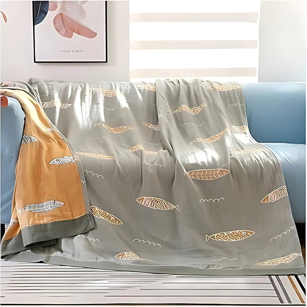 Golden Fish Reversible Cotton Gauze Blanket, Jacquard Weave | Playful Golden Fish on Soft Gauze | Throw Blankets