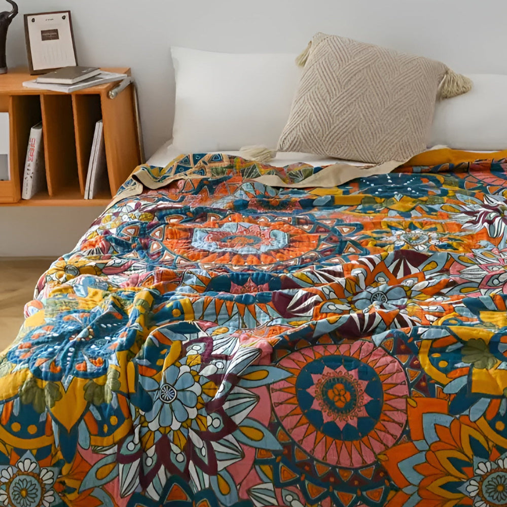 Moroccan Jacquard Floral Cotton Blanket for Bed and Sofa | Woven Moroccan Pattern, Pure Cotton | Throw Blankets