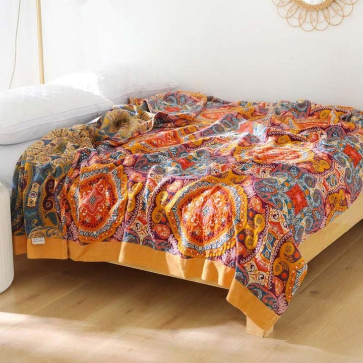 Sunrise Boho Reversible Cooling Cotton Blanket, Double Sided | Cooling Side, Knitted Side | Throw Blankets