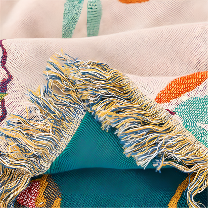 Whimsical Bird Cotton Tassel Blanket, Queen Size | Woven Bird Pattern with Fringe | Throw Blankets