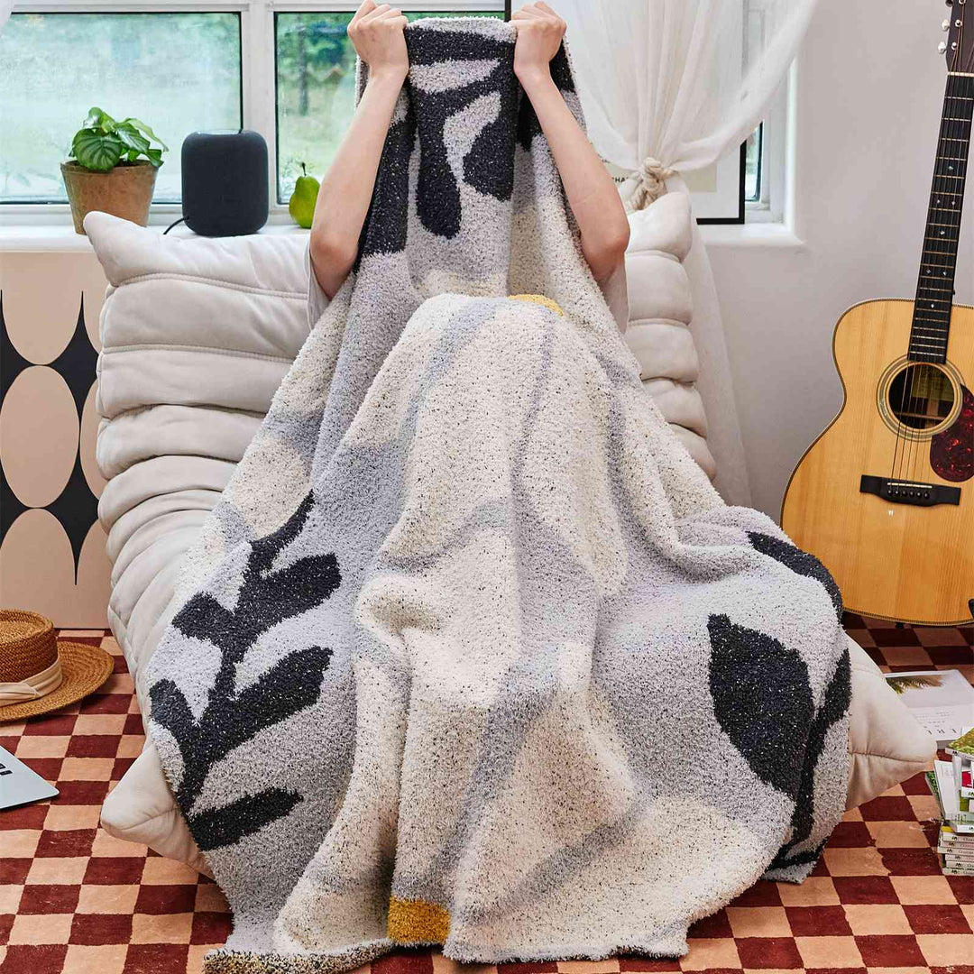 Boho Floral Leaves Microfiber Jacquard Knitted Throw Blanket | Boho Floral Knit Comfort | Throw Blankets