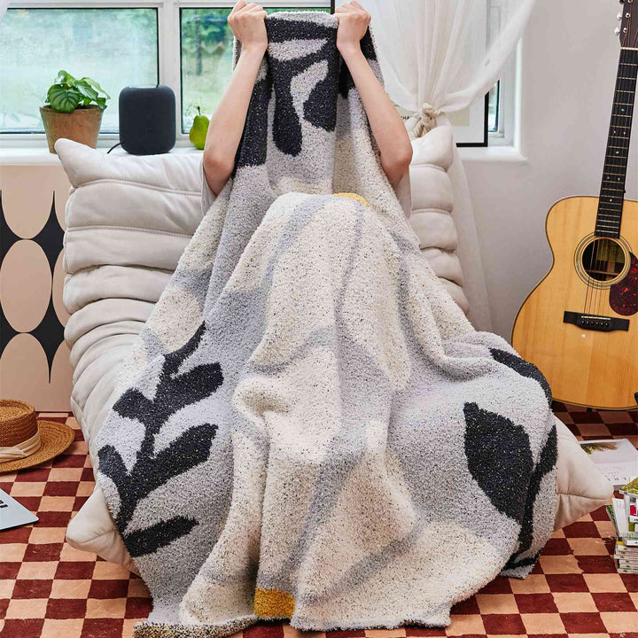 Boho Floral Leaves Microfiber Jacquard Knitted Throw Blanket | Boho Floral Knit Comfort | Throw Blankets