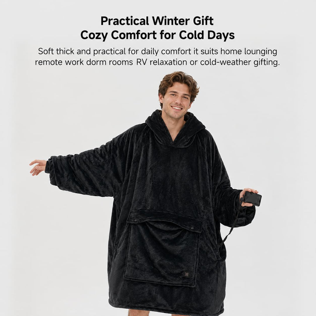 USB Heated Blanket Hoodie with 3 Heating Zones, Thick Flannel, Unisex | Heated Flannel Hoodie Blanket | Heated Blankets