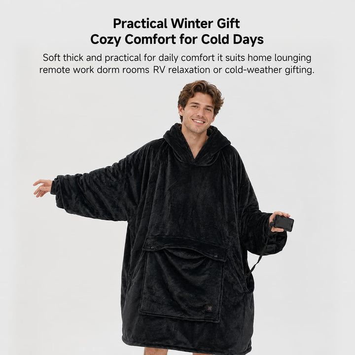 USB Heated Blanket Hoodie with 3 Heating Zones, Thick Flannel, Unisex | Heated Flannel Hoodie Blanket | Heated Blankets