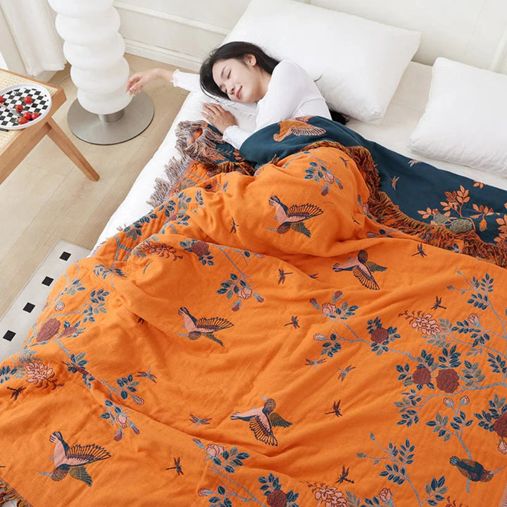 Ornate Multi-Layer Jacquard Cotton Gauze Blanket with Tasselled Edges | Ornate Gauze with Real Depth | Throw Blankets
