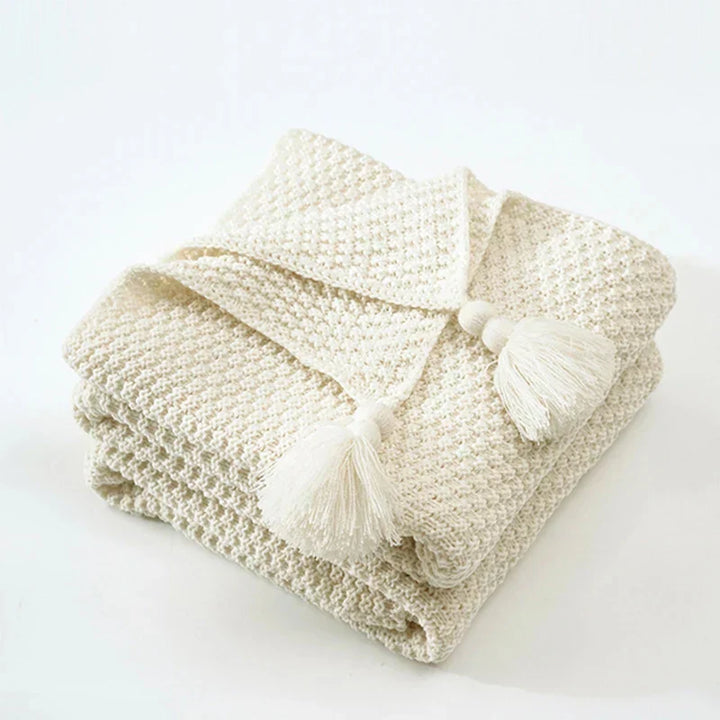 Handwoven Wool Blanket with Fringe and Knitted Pom-Poms | Scandinavian Wool Warmth with Fringe | Throw Blankets