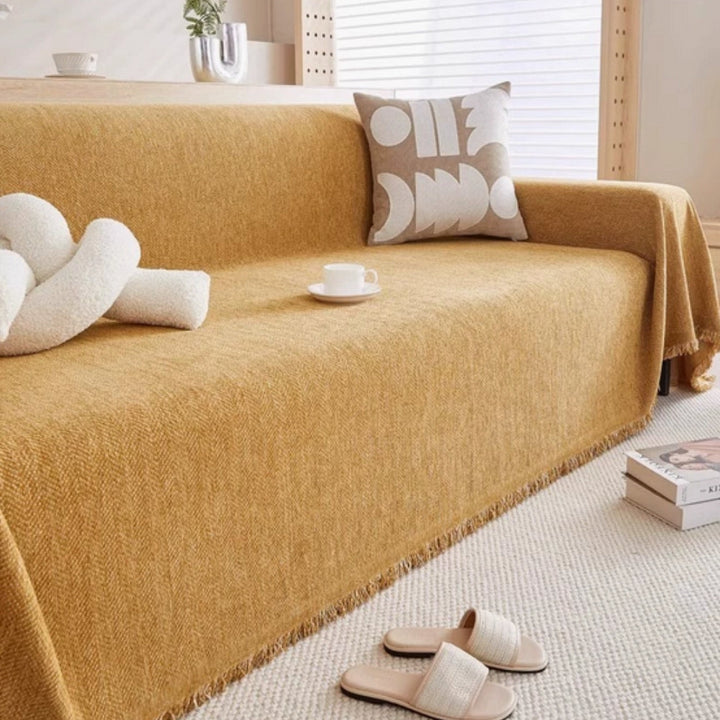 Minimalist Chenille Sofa Cover with Tassel Details, Water Resistant | Water-Resistant Chenille Sofa Throw | Sofa Covers