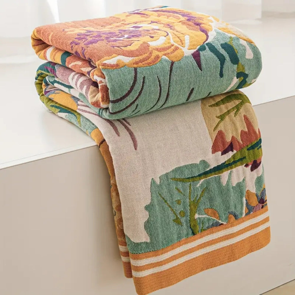 Mid Century Floral Jacquard Reversible Cotton Blanket, Wide Border | Mid Century Blooms, Wide Border | Throw Blankets