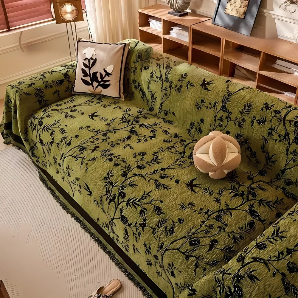 Floral Jacquard Chenille Sofa Cover with Tassel Edging, Anti Slip | Garden-Style Chenille Sofa Cover | Sofa Covers