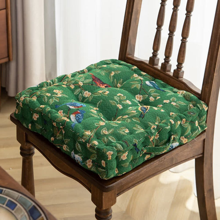 Whimsical Bird and Leaf Chair Cushion, Thick 16.5 Inch with Hand Strap | Storybook Birds for Hard Seats | Seat Cushions