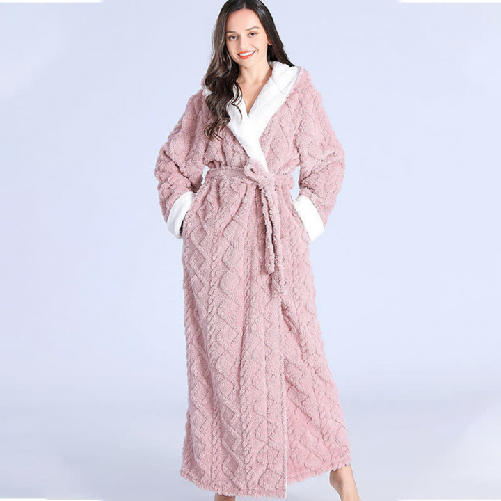 Long Plush Knitted Hooded Robe with Pockets in Soft Fleece | Cozy Hooded Warmth with Pockets | Robes