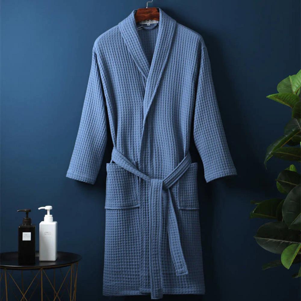 V-Neck Double-Layer Cotton Waffle Bathrobe with Pockets | Light, Absorbent Waffle Comfort | Robes
