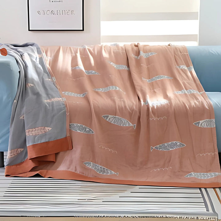 Golden Fish Reversible Cotton Gauze Blanket, Jacquard Weave | Playful Golden Fish on Soft Gauze | Throw Blankets