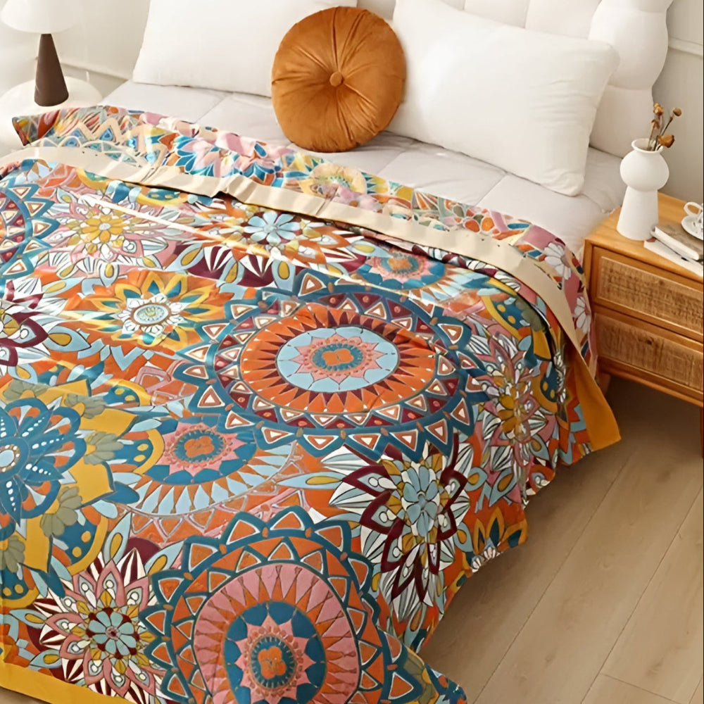 Moroccan Jacquard Floral Cotton Blanket for Bed and Sofa | Woven Moroccan Pattern, Pure Cotton | Throw Blankets