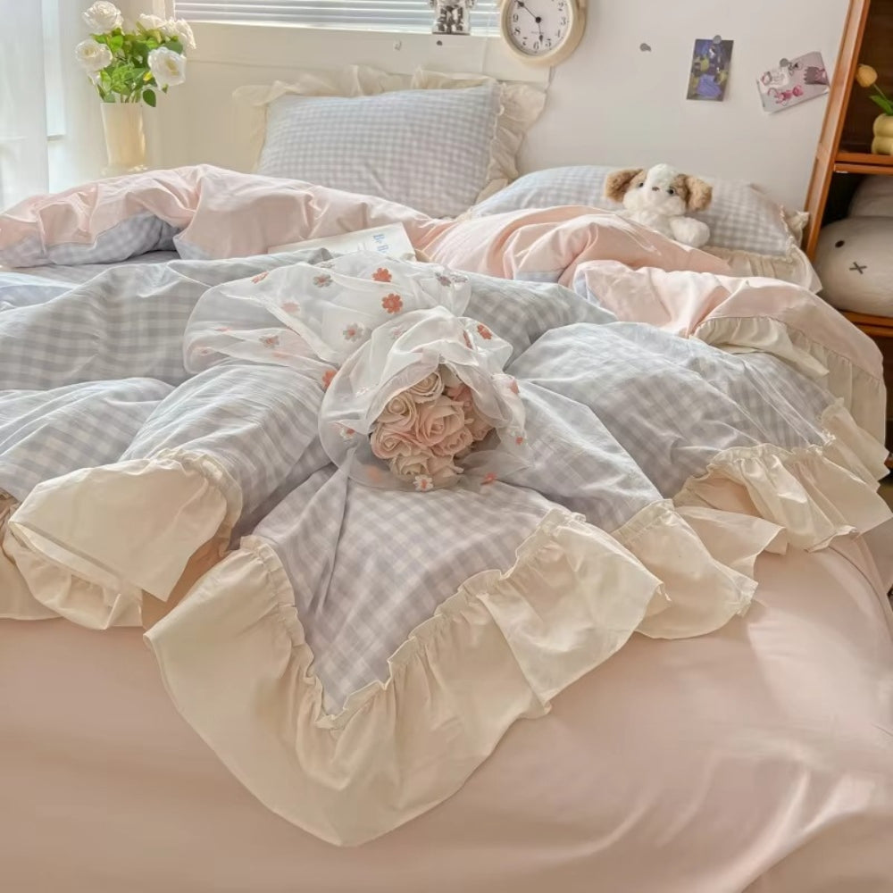 Ruffled Edge Gingham Check Bedding Set with Duvet Cover and Pillowcases | Ruffled Gingham for Cottage Style | Bedding Sets