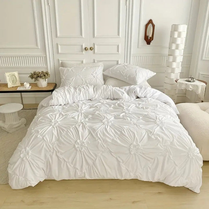 Ruffle Flower Pinch Pleated Duvet Cover Set with Pillowcases | Pinch Pleats and Ruffled Flowers | Bedding Sets