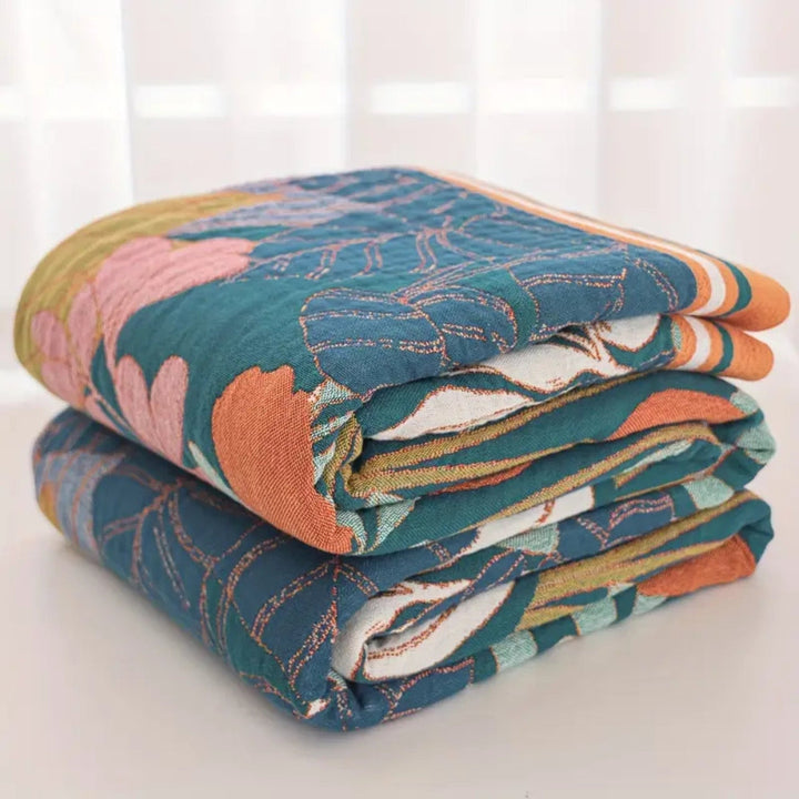 Garden Inspired Botanical Cotton Gauze Blanket, Multi-Layer | Airy Gauze Layers, All Season | Throw Blankets