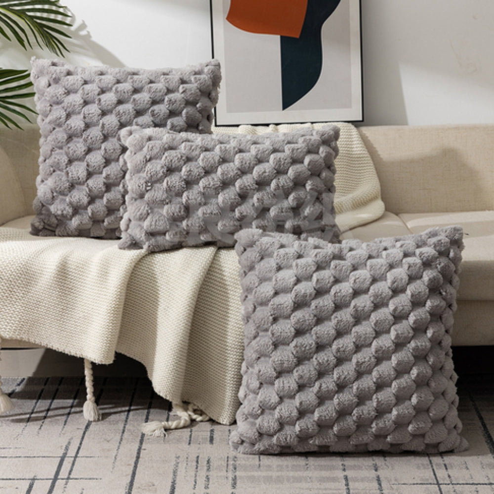 Marshmallow Plush Cushion Cover with 3D Grid Texture and Zipper | Puffy 3D Plush Cushion Covers | Cushion Covers