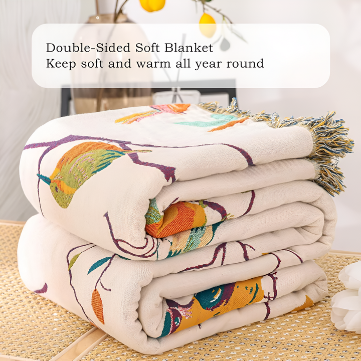 Whimsical Bird Cotton Tassel Blanket, Queen Size | Woven Bird Pattern with Fringe | Throw Blankets