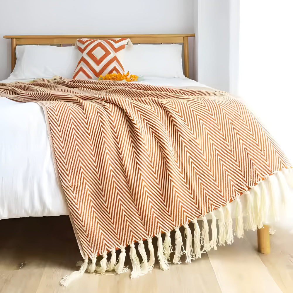 Herringbone Tassel Microfiber Knit Blanket for Sofa and Travel | Herringbone Weave with Tassels | Throw Blankets