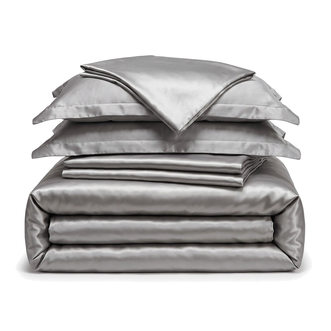 Solid Gray Satin Silk-Finish Bedding Set with Duvet Cover and Sheet | Hotel-Style Satin Smoothness | Bedding Sets