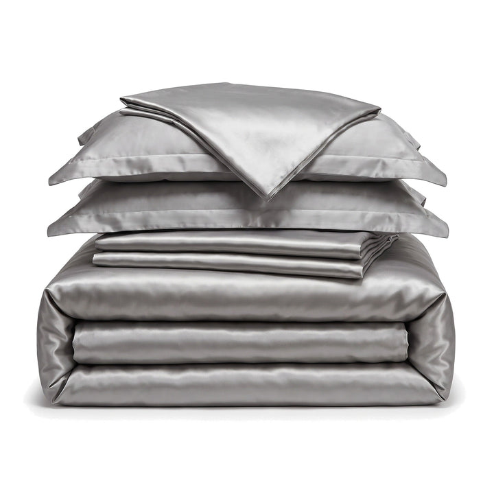 Solid Gray Satin Silk-Finish Bedding Set with Duvet Cover and Sheet | Hotel-Style Satin Smoothness | Bedding Sets