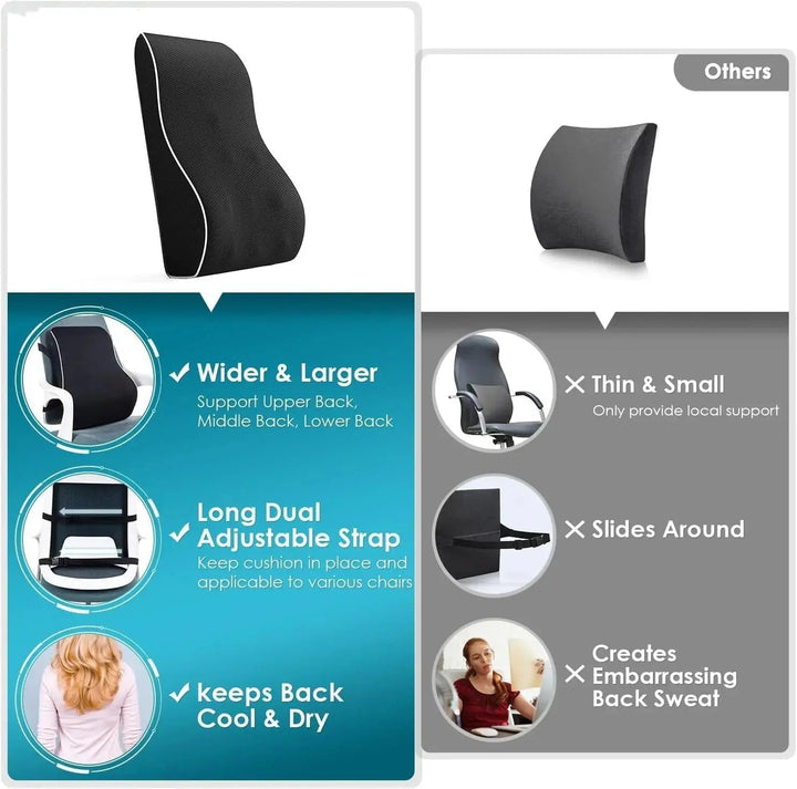 Ergonomic Memory Foam Lumbar Cushion with Adjustable Straps | Supportive Seat Comfort | Lumbar Pillows