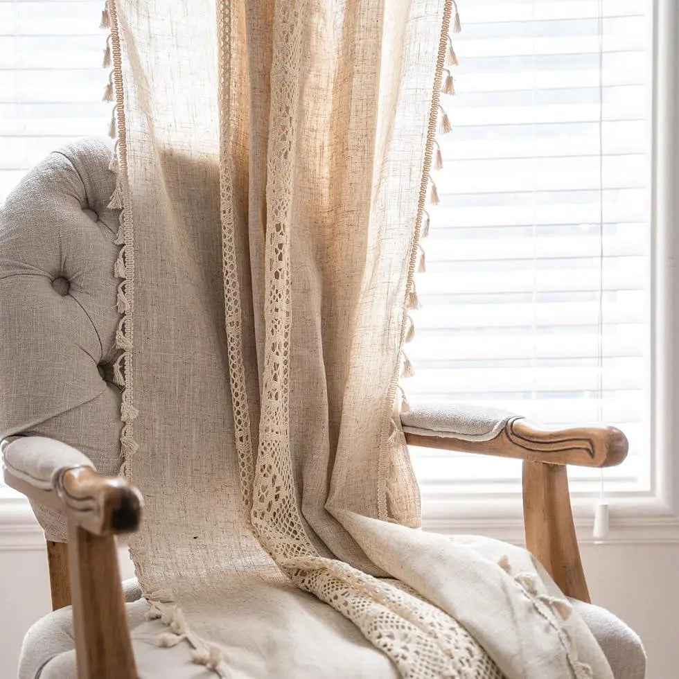 Boho Cotton-Linen Blend Curtain Panels with Tassels, Set of 2 | Tassel Curtains with Gentle Light Filtering | Curtains