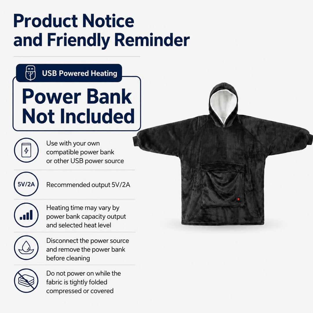 USB Heated Blanket Hoodie with 3 Heating Zones, Thick Flannel, Unisex | Heated Flannel Hoodie Blanket | Heated Blankets