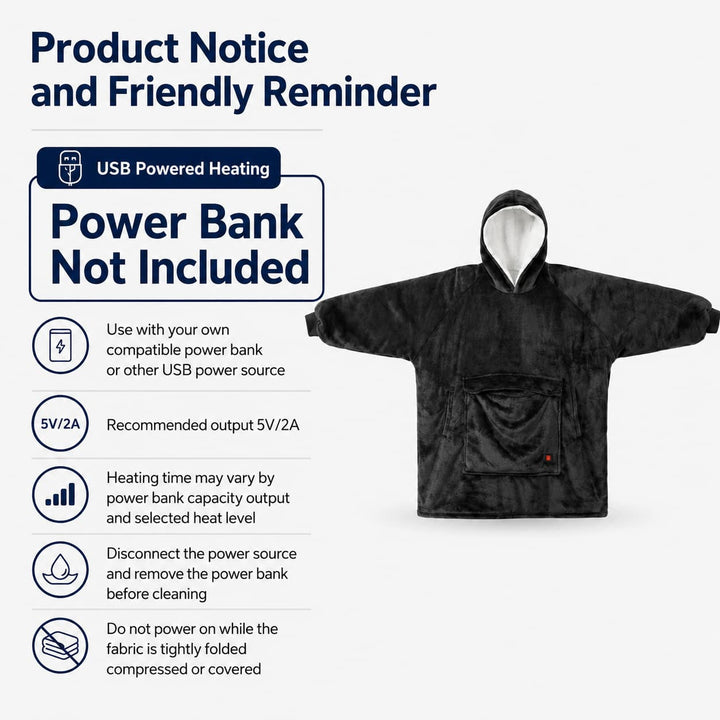 USB Heated Blanket Hoodie with 3 Heating Zones, Thick Flannel, Unisex | Heated Flannel Hoodie Blanket | Heated Blankets