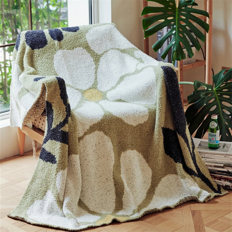 Boho Floral Leaves Microfiber Jacquard Knitted Throw Blanket | Boho Floral Knit Comfort | Throw Blankets