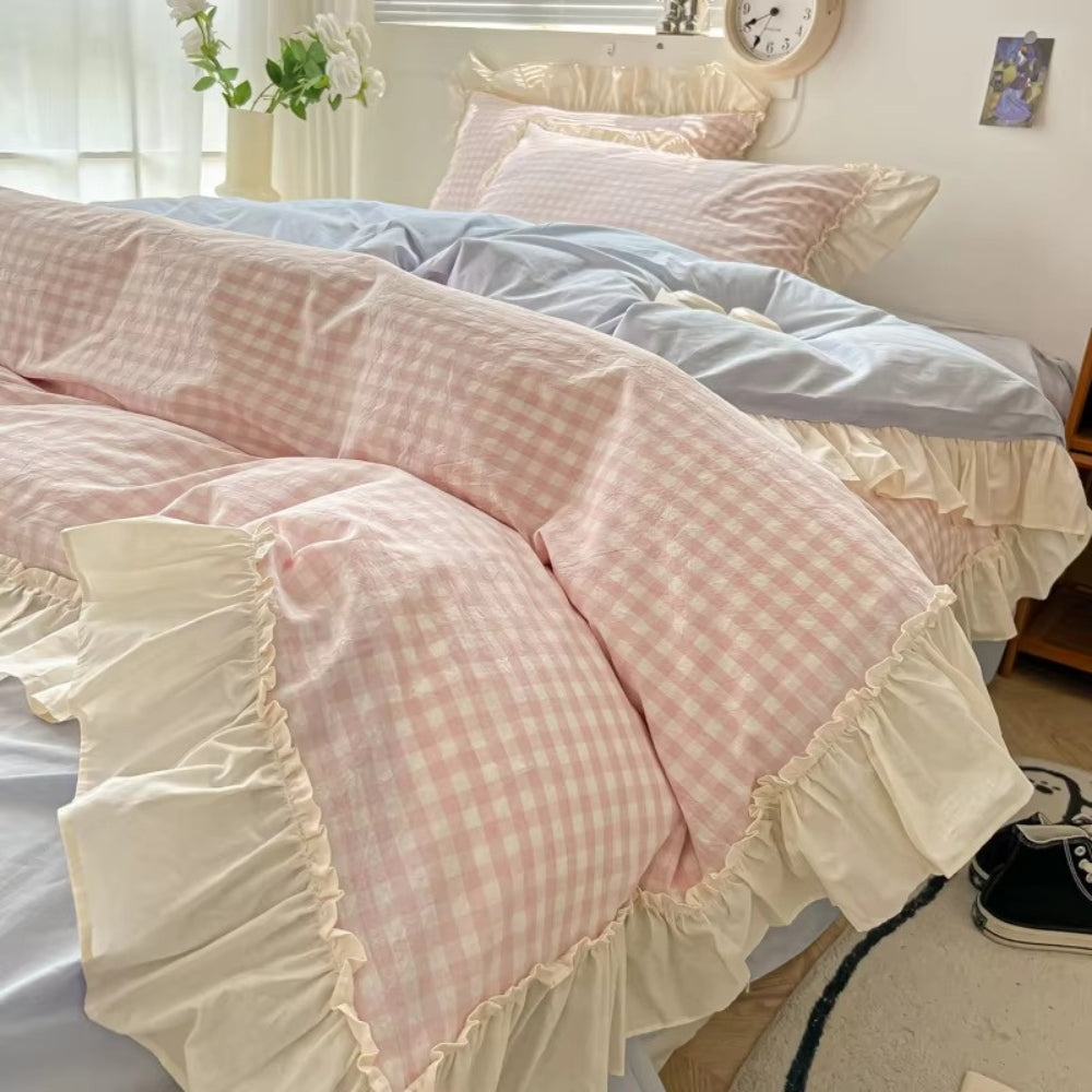 Ruffled Edge Gingham Check Bedding Set with Duvet Cover and Pillowcases | Ruffled Gingham for Cottage Style | Bedding Sets