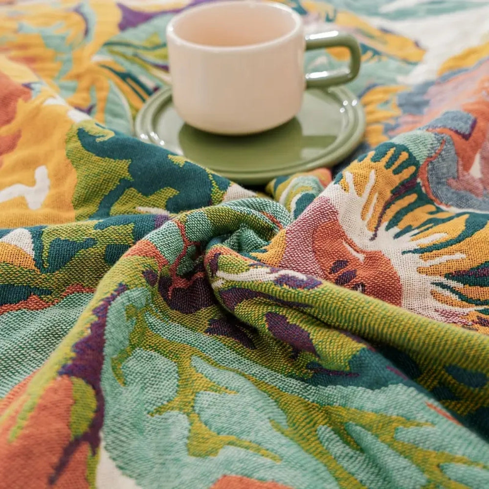 Mid Century Floral Jacquard Reversible Cotton Blanket, Wide Border | Mid Century Blooms, Wide Border | Throw Blankets