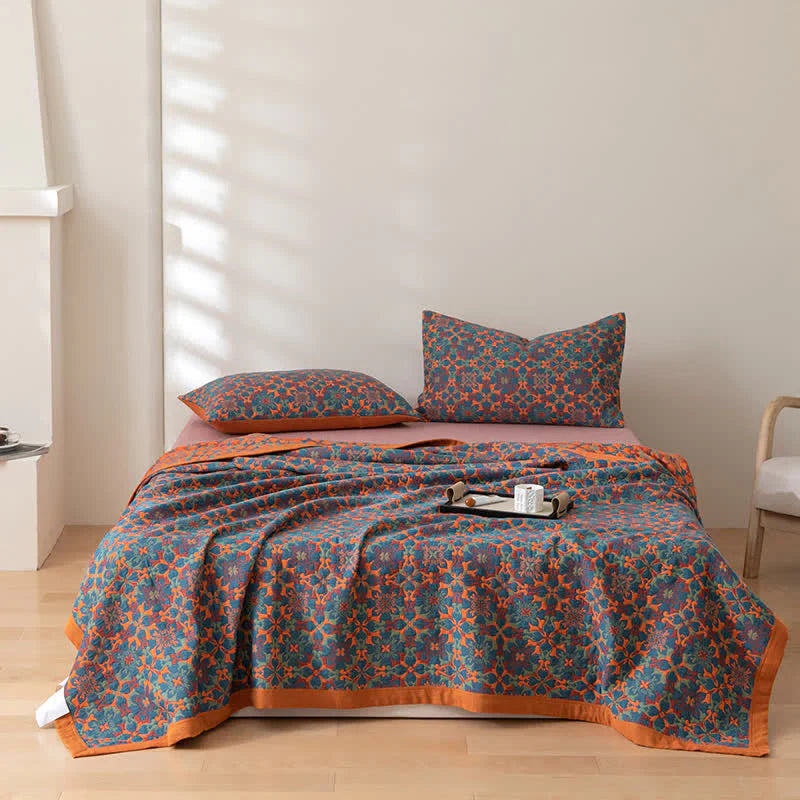 Six-Layer Cotton Blanket with Orange and Blue Design for Bed and Sofa | Breathable Six-Layer Cotton Blanket | Throw Blankets