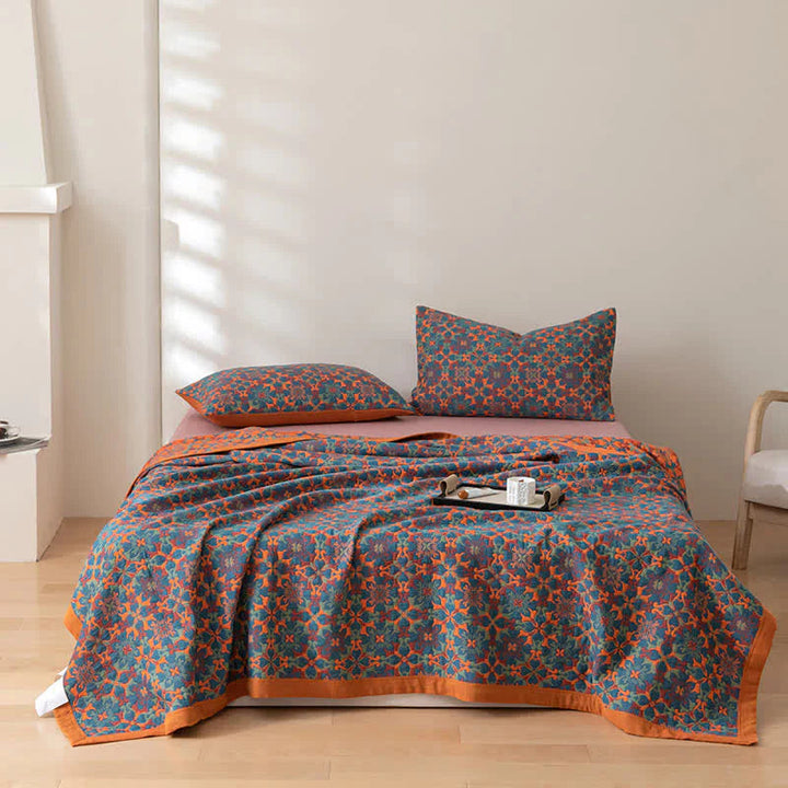 Six-Layer Cotton Blanket with Orange and Blue Design for Bed and Sofa | Breathable Six-Layer Cotton Blanket | Throw Blankets