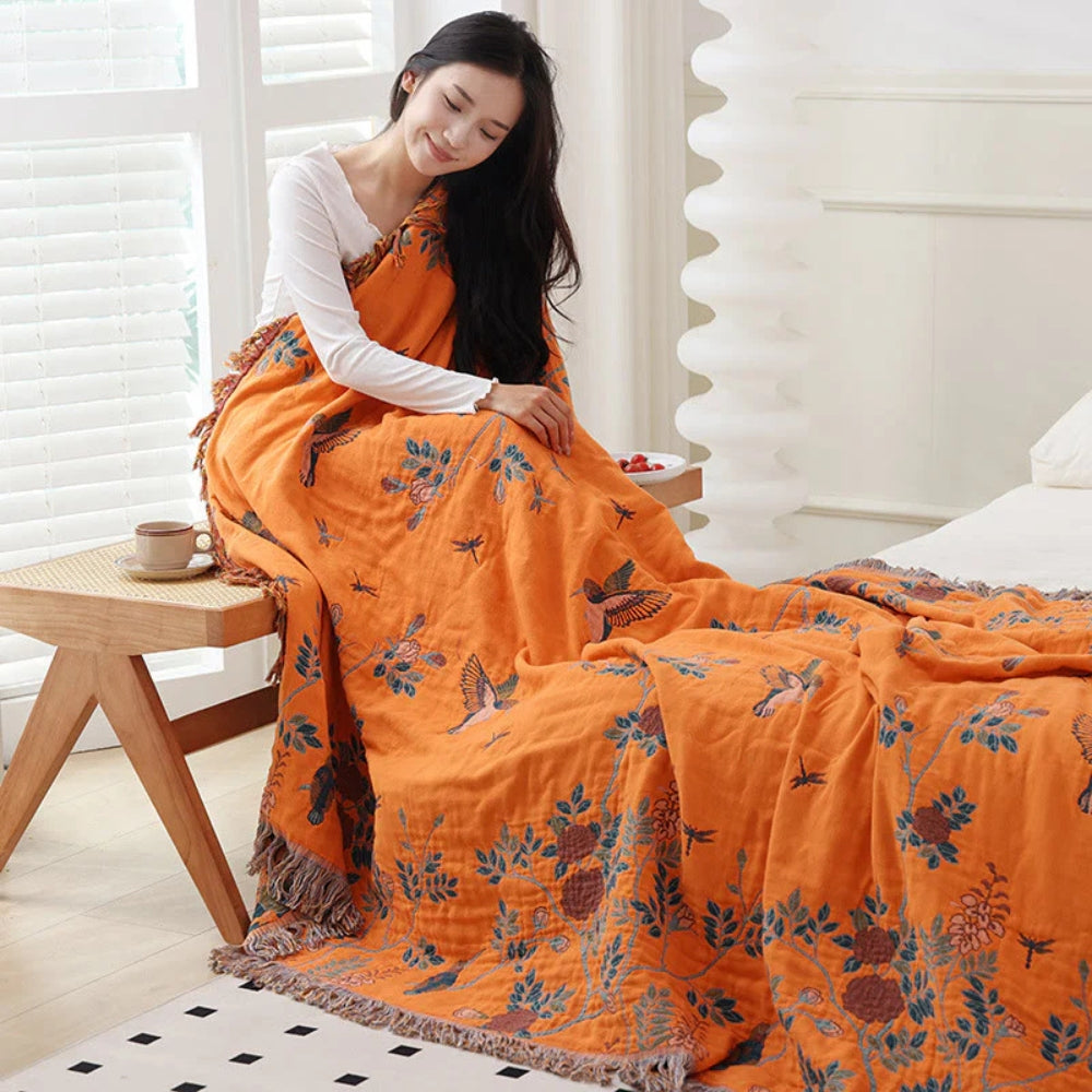 Ornate Multi-Layer Jacquard Cotton Gauze Blanket with Tasselled Edges | Ornate Gauze with Real Depth | Throw Blankets