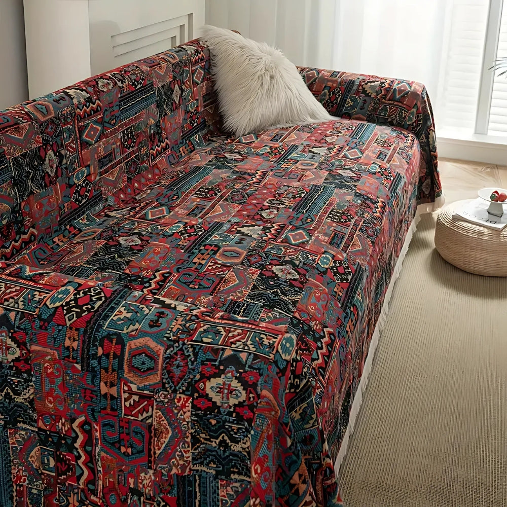 Bohemian Moroccan Chenille Sofa Cover with Tassels, Seven Sizes | Moroccan Pattern for Any Sofa Size | Sofa Covers