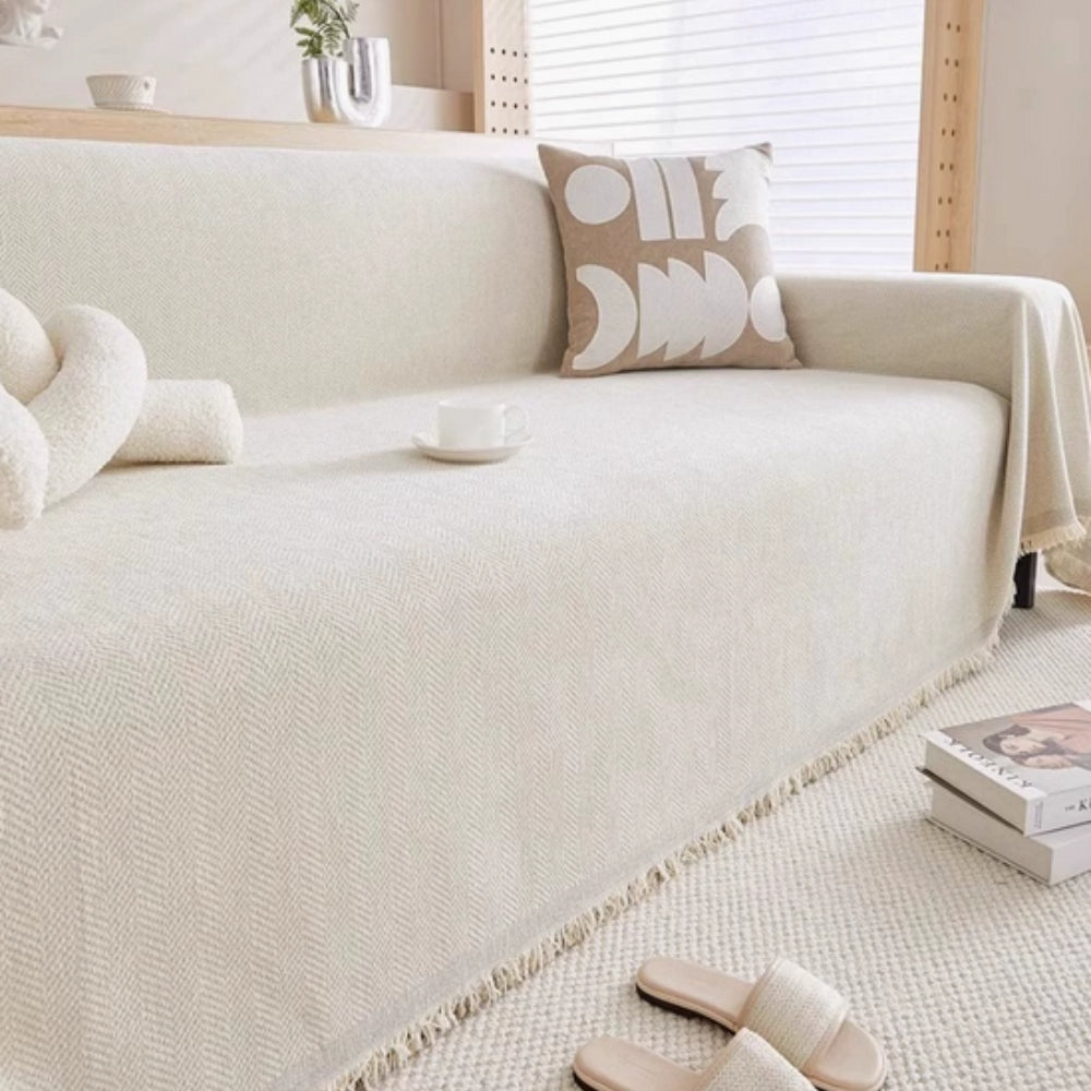 Minimalist Chenille Sofa Cover with Tassel Details, Water Resistant | Water-Resistant Chenille Sofa Throw | Sofa Covers