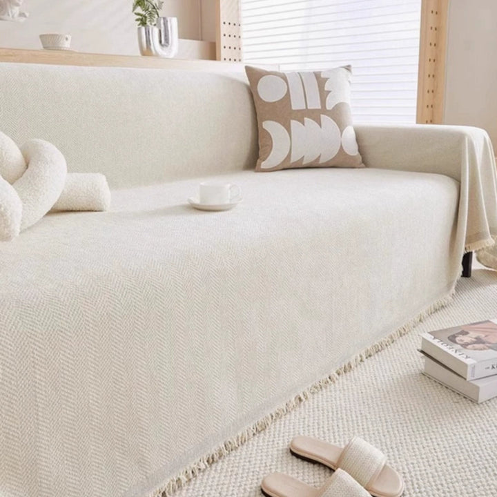 Minimalist Chenille Sofa Cover with Tassel Details, Water Resistant | Water-Resistant Chenille Sofa Throw | Sofa Covers