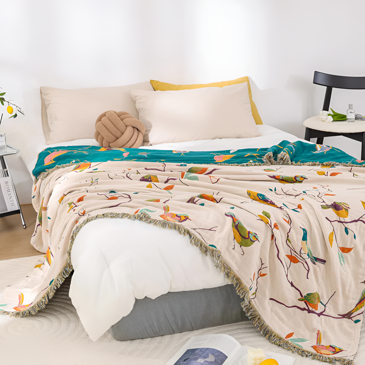Whimsical Bird Cotton Tassel Blanket, Queen Size | Woven Bird Pattern with Fringe | Throw Blankets