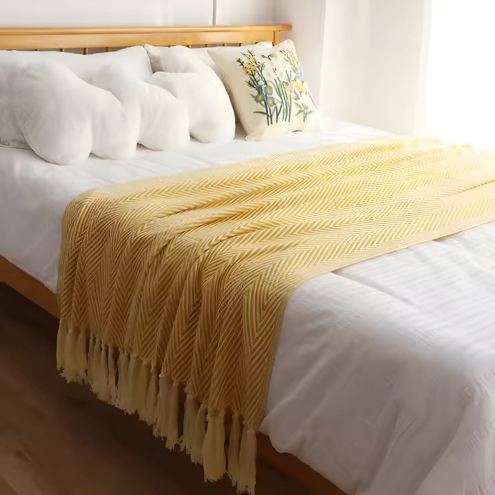 Herringbone Tassel Microfiber Knit Blanket for Sofa and Travel | Herringbone Weave with Tassels | Throw Blankets