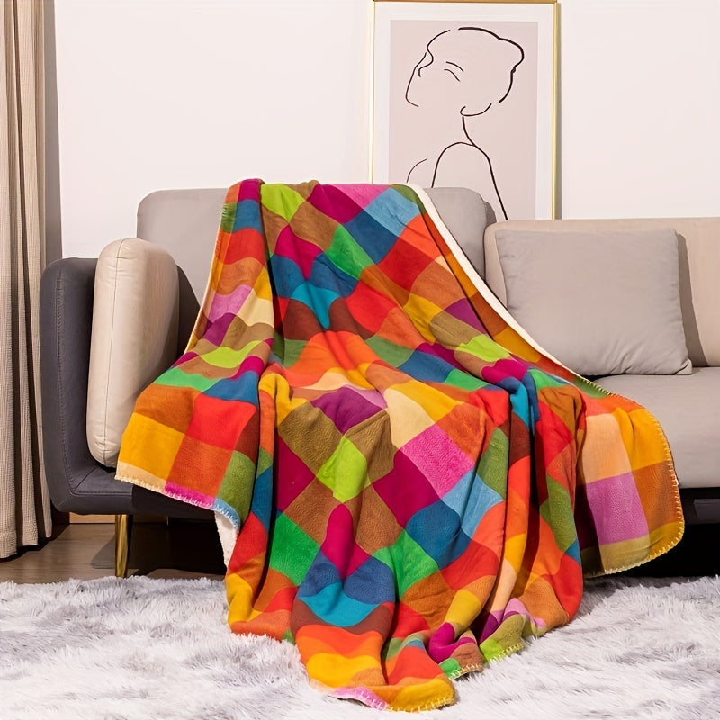 Reversible Thick Coral Fleece and Sherpa Blanket with Checkered Pattern | Double-Sided Sherpa Warmth | Throw Blankets
