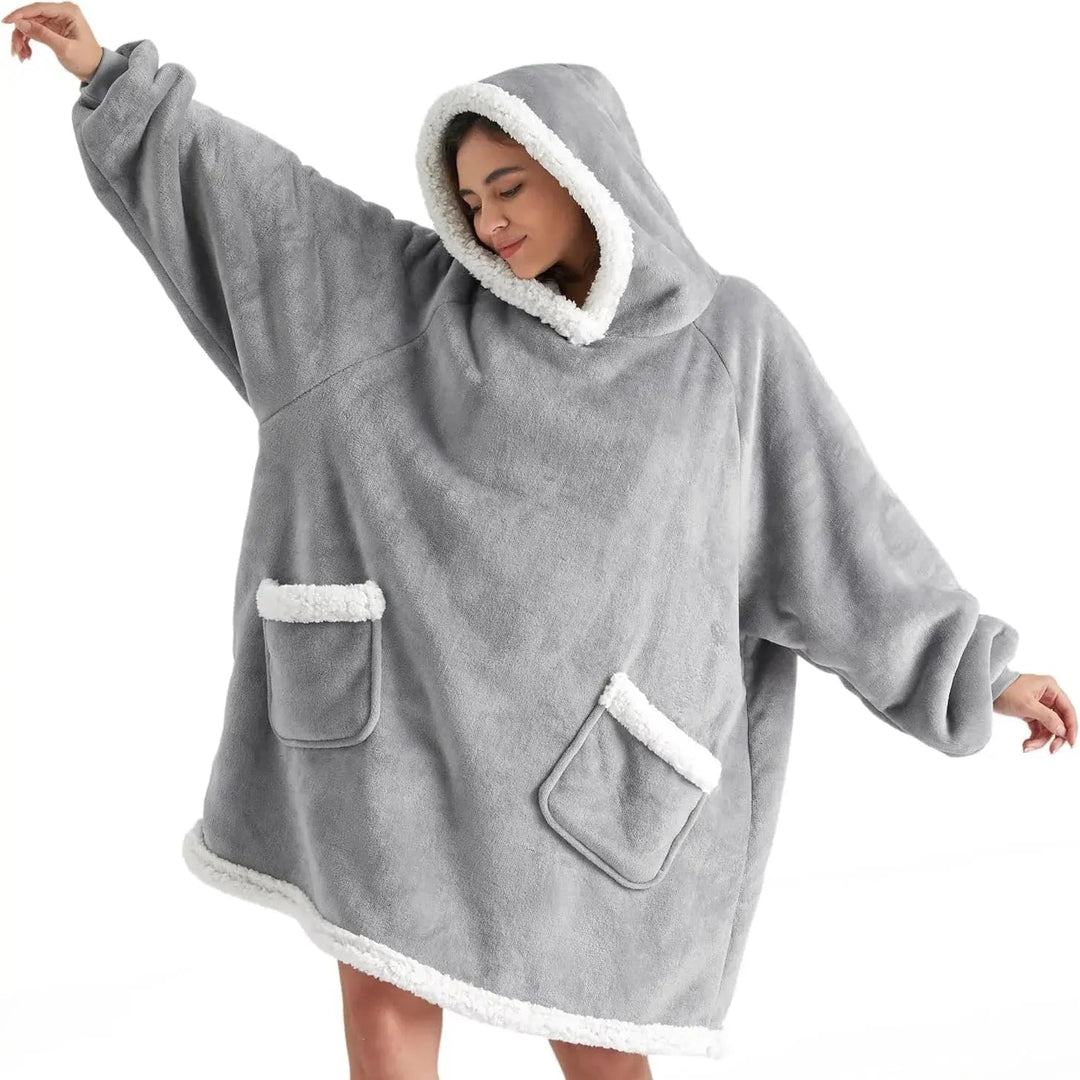 Oversized Flannel Hoodie Blanket with Sherpa Lining, 150 cm | Wearable Warmth Anywhere | Wearable Blankets