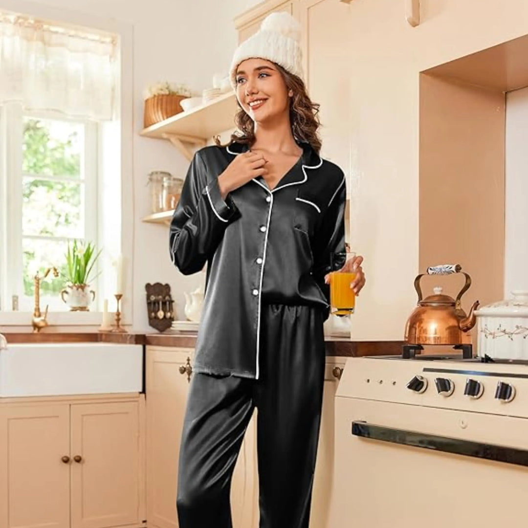 Silk Satin Couple Pajama Set with Button Down Tops and Chest Pockets | Matching Satin Sleepwear for Two | Pajama Sets