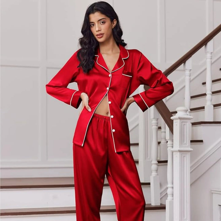 Silk Satin Couple Pajama Set with Button Down Tops and Chest Pockets | Matching Satin Sleepwear for Two | Pajama Sets