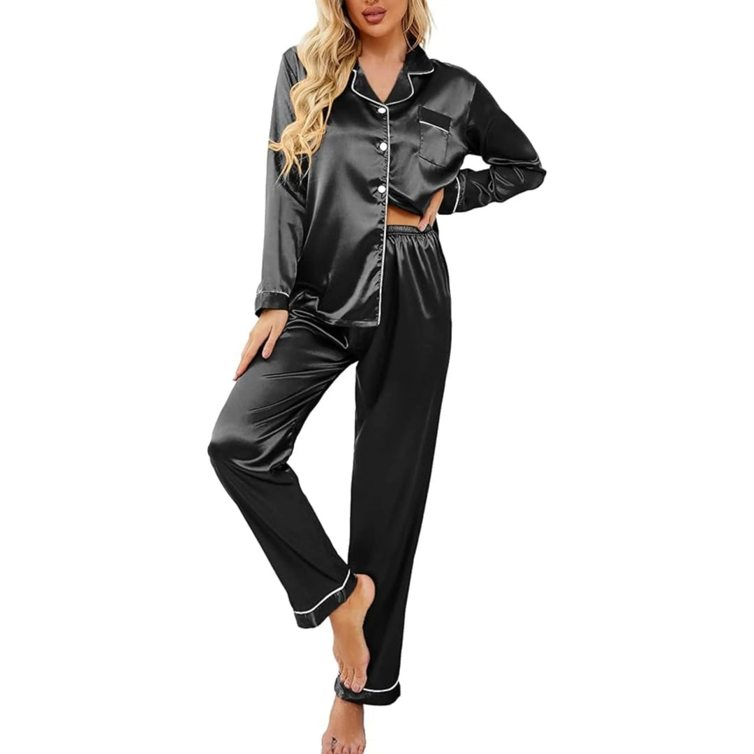 Silk Satin Couple Pajama Set with Button Down Tops and Chest Pockets | Matching Satin Sleepwear for Two | Pajama Sets