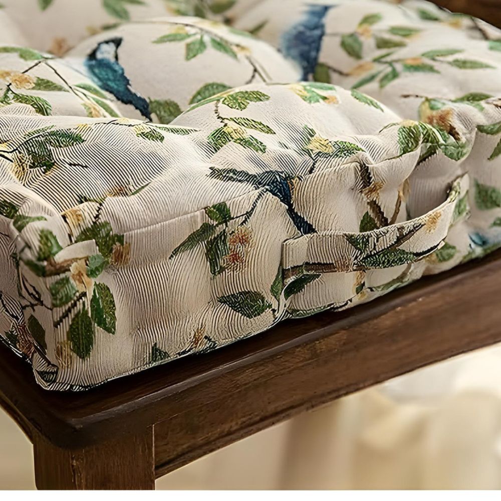 Whimsical Bird and Leaf Chair Cushion, Thick 16.5 Inch with Hand Strap | Storybook Birds for Hard Seats | Seat Cushions