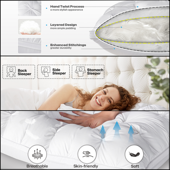 Goose Down and Feather Pillow with Three-Compartment Design | Hotel-Style Fluff and Support | Bed Pillows