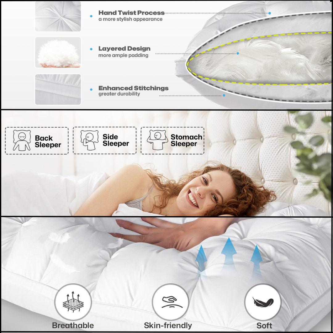 Three-Layer Goose Down and Feather Hotel Pillow, 48 x 74 cm | Hotel-Quality Down Pillow | Bed Pillows