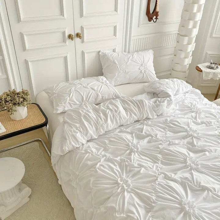 Ruffle Flower Pinch Pleated Duvet Cover Set with Pillowcases | Pinch Pleats and Ruffled Flowers | Bedding Sets